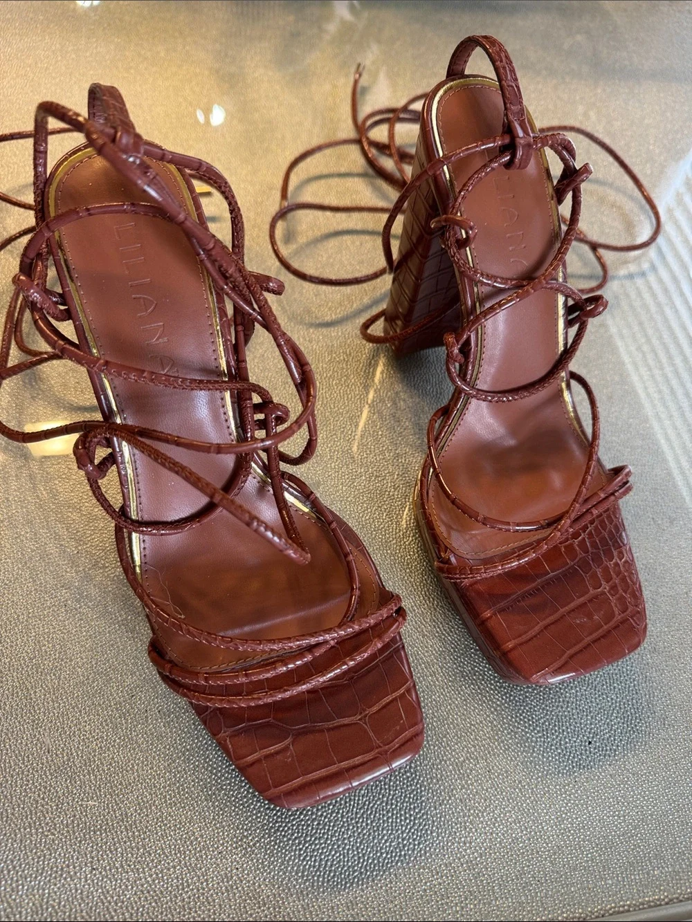 Liliana Burgundy Faux-Croc Platform Strappy Block Heels